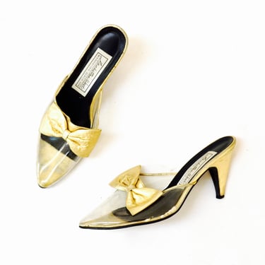 Vintage 80s Vinyl and Gold Leather Pumps High Heels Shoes Size 9 Metallic Gold Leather Pumps Clear Bow Slides Mules Clear Transparent Pumps 