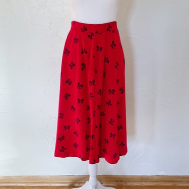 80s Red Gray Bow Novelty Pattern Knit A-Line Skirt | Large/1X/2X 
