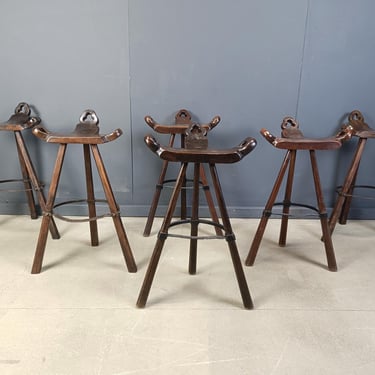 Mid century brutalist bar stools - set of 6, 1960s - vintage wooden bar stools - brutalist stools - oak bar stools - vintage bar stools 