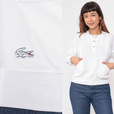 80s Lacoste Sweatshirt Thin White Henley Pocket Sweatshirt Jumper Snap Button Up Retro Top 1980s Pullover Plain Sweatshirt Small S 