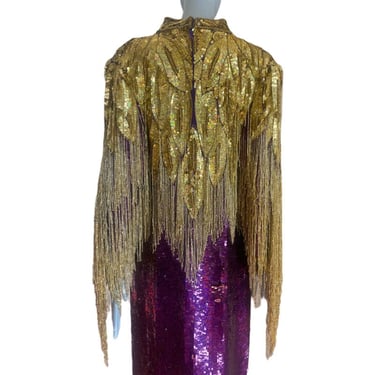 Vintage Gold Sequin gown heavily embellish glass bead gown full length sequin gala gown museum wearable art gala flapper fringe bead 14 xl 