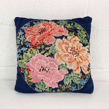 Vintage Floral Pillow Needlepoint Square Velvet Accent Navy Blue Throw Sofa Couch Mustard Small Mid-Century 1970s 