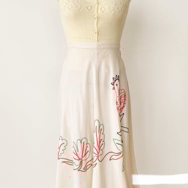 1950s Ivory Embroidered Chicken Circle Skirt, sz. S