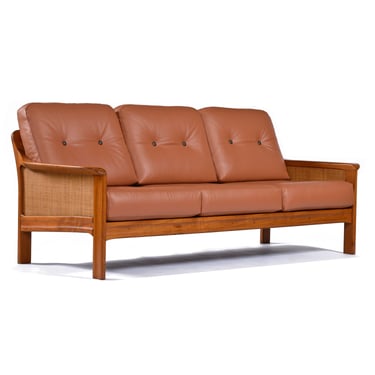 Restored Solid Teak Wood Sofa with Caned Sides and New Brown Leather Upholstery 