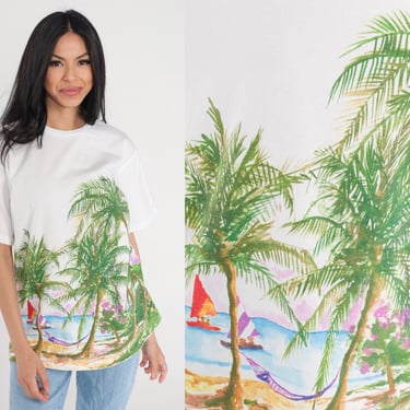 Beach T-Shirt 90s Tropical Island Shirt Palm Tree Hammock Graphic Tee Surfer TShirt Front Back Print Cotton White Vintage 1990s Medium Large 