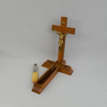 Vintage Last Rites Crucifix - Sick Call Cross w/ Candles Holy Water Bottle - Top slides off - Christian Catholic - Unused, Exc. Condition 
