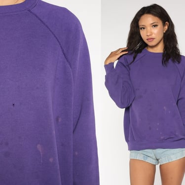 Distressed Purple Sweatshirt 80s 90s Sweatshirt Crewneck Raglan Sleeve Purple Plain Shirt Slouchy 1980s Vintage Sweat Shirt Large L 