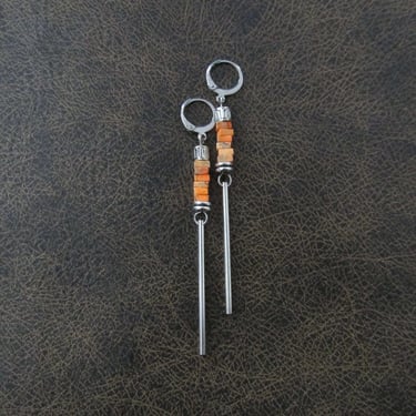 Minimalist orange imperial jasper earrings, silver 