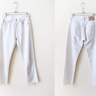 Vintage White Levis 501 Denim Jeans 27 Frayed Cut Off Hem -  90s Grunge Straight Leg Classic Button Fly Levi's Pants Made in USA 