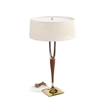 Gerald Thurston Wishbone Table Lamp with Walnut Wood and Brass Original Shade 