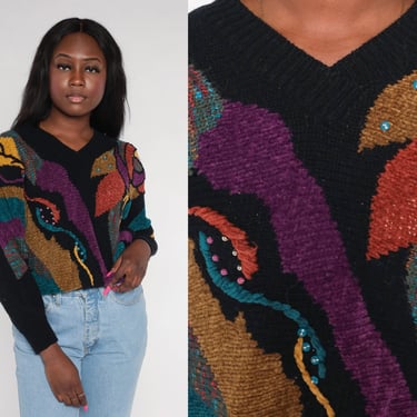 80s Cropped Sweater Black Abstract Print Pullover Knit Sweater Beaded Leaf Pattern Retro Artsy Crop Jumper Vintage 1980s Acrylic Medium M 