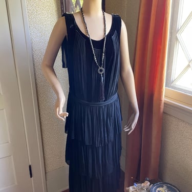 Vintage 1920s Black Velvet & Chiffon Evening Dress  - Large XL 