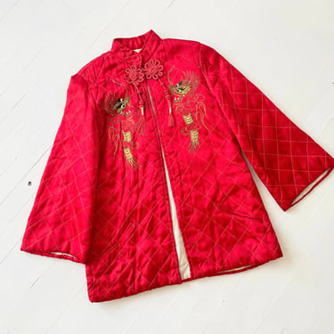 Vintage Embroidered Dragon Quilted Red Satin Jacket with Tassels 