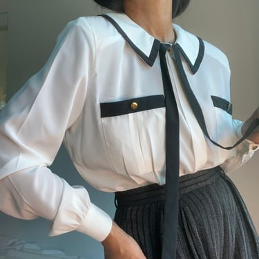vintage collared piped contrast trim billowing fit puff sleeve blouse 