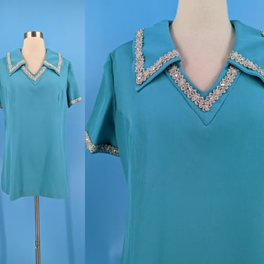 Vintage 60s/70s XL Blue Polyester Short Sleeve Extreme Micro Mini Mod Dress / Tunic Top with Rhinestone Trim 