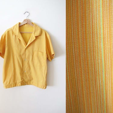 Vintage 60s Orange Stripe Cabana Shirt M - 1960s Mens Short Sleeve Collared Surfy Button Up Top 