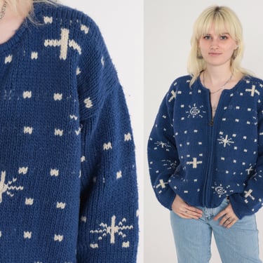 Bolivian Wool Sweater 90s Blue Zip Up Knit Cardigan Geometric Sun Star Cross Square Print Bohemian Retro Bolivia Vintage 1990s Medium Large 