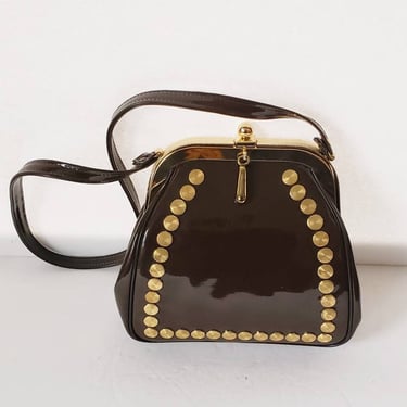 1960s Mod Shoulder Bag Purse Brown Patent Leather Gold Discs Robert Bestien Originals 
