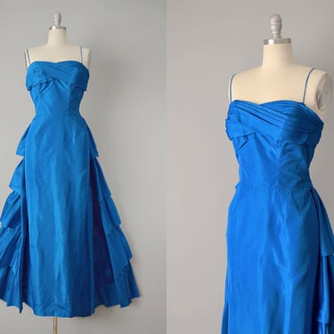 50s Dress // 1950’s Blue Silk Taffeta Evening Gown w/ Massive Back Bustle // M 