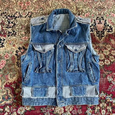 Vintage ‘80s GASOLINE JEANS stonewash denim vest, blue & gray two tone denim | epaulets, gas tank logo patch, slouchy with pockets, M/L 
