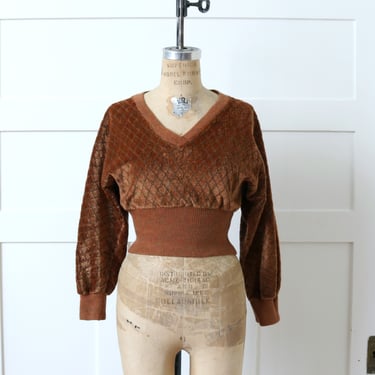 vintage 1970s fuzzy copper pullover • plush velour knit top with dolman sleeves and wide banded waist 