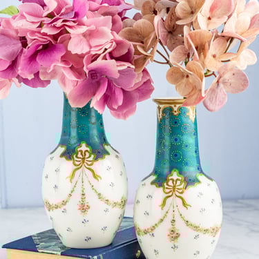 Antique French Hand-Painted Glass Vase Pair