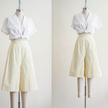 high waisted shorts | 80s plus size pastel yellow wide leg vintage shorts culottes 