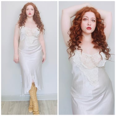 1980s Vintage Ivory Lace Insert Bias Cut Slip Dress / 80s Romantic Poly Silk Spaghetti Strap High Low Nightgown / Size Medium - Large 