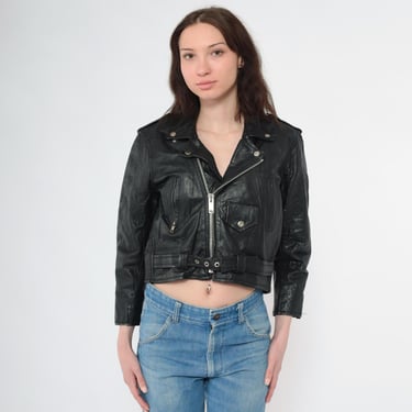Vintage Black Leather Biker Jacket 90s Cropped Motorcycle Jacket Moto Punk Rock Coat 1990s Epaulette Zip Moto Coat Size 22 Small 