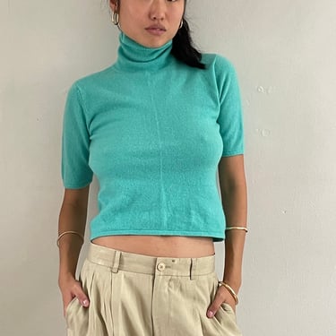 90s cashmere turtleneck sweater / vintage sea foam aqua cashmere turtleneck short sleeve cropped caspsule sweater | Medium 