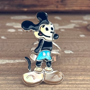 MICKEY MOUSE Zuni Toons Ring | Silver Jet Turquoise Mother of Pearl Inlay Ring | Zunitoons Native American Southwestern Jewelry | Size 9 
