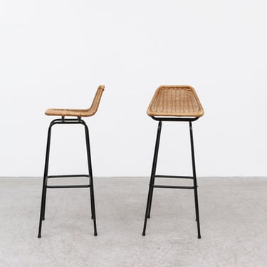 Charlotte Perriand Style Wicker Stools With Angled Back and Black Legs