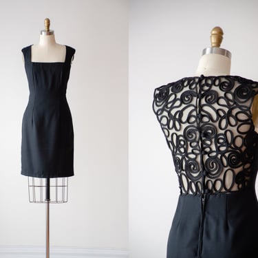 black mini dress | 90s vintage minimalist embroidered mesh low back party cocktail dress 