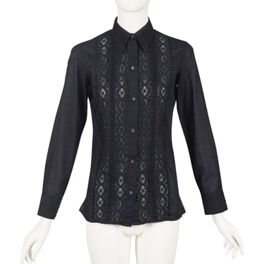 De Blausse 1970s Vintage Black Crochet Panel Collared Button Up Shirt Sz S 