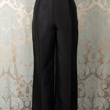 80s Kasper Black Silk Pants with High Waist and Full Legs 