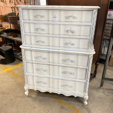 French Provincial Style 6-Drawer Vertical Dresser with Blue Trim