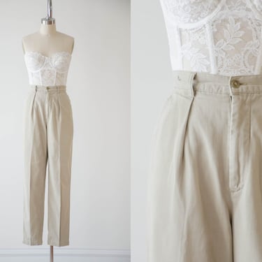 high waisted pants | 80s 90s vintage Calvin Klein Sport beige tan cotton khaki academia style pleated trousers 