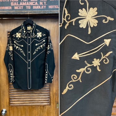 Vintage 1940’s Jet Black Wool Gabardine Western Cowboy Snap Button Amazing Rockabilly Shirt, 40’s Vintage Clothing 