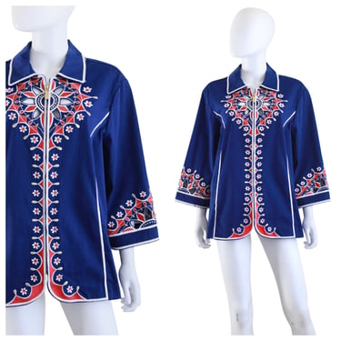 Vintage Bob Mackie 1970s Inspired Red White & Blue Tunic Zip Front Jacket - Vintage Red White and Blue Jacket | Size Large / Extra Large 