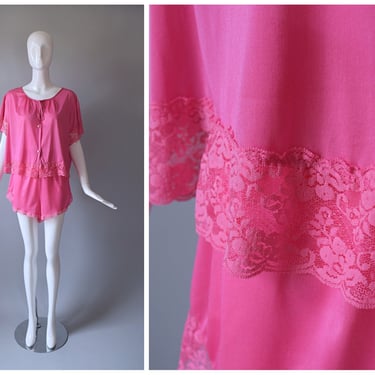Vintage 1980s Ellen B Pink Nylon Lace Trim Babydoll Button Down Top + Short Set Sleepwear | Nightwear 