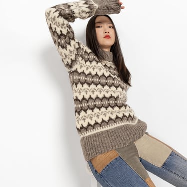 WOOL TURTLENECK GEOMETRIC Ski Sweater Jumper Vintage Brown Beige / Small 