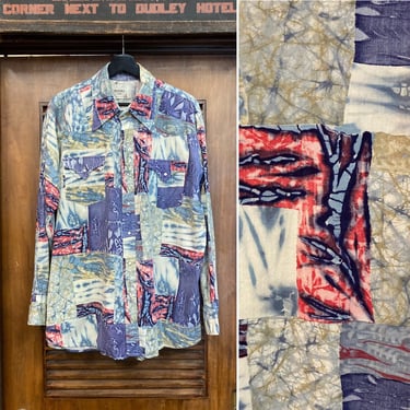 Vintage 1960’s Size XL Western Cowboy Batik Krazy Print Snap Button Shirt, 60’s Shirt, Vintage Western Wear, Vintage Clothing 