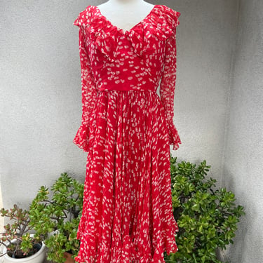 Vintage romantic red white heart silk chiffon dress Sz 8 Small by Adele Simpson for Saks Fifth Avenue 