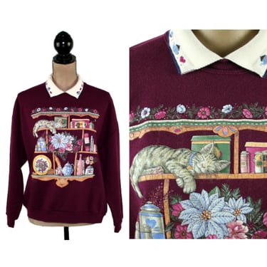 Vintage Cat Sweatshirt Petite Medium, Burgundy Collared Polo with Graphic of Sleeping Kitten on Shelf, 80s 90s Clothes Women by Morning Sun 