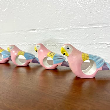 Vintage 80s Set of 4 Hand Carved Hand Painted Parrot Napkin Rings 