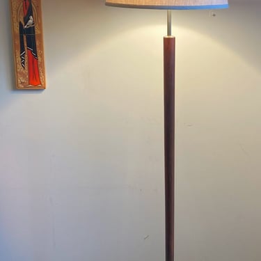Exquisite Brass & Teak Floor Lamp w/ New Linen Shade