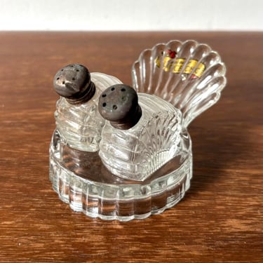Vintage 1960s Fantail Clear Glass Salt & Pepper Shakers Set w Tray | Glass Tableware Dining Accessory Serving | Retro Ohio Travel Souvenir 