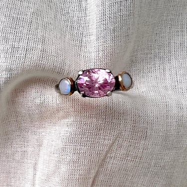 Pink CZ and Australian Opal Handmde Two Toned Silver and Goldfill Ring Edgy Princess Ring 