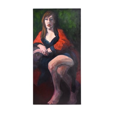 Portrait Seated Woman in Red Robe Oil Painting Lenell Chicago Artist 