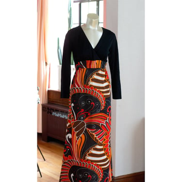 Vintage 1970s Psychedelic Maxi Dress - 1970s - Boho, Hippie - Empire Waist - Orange, Black - Halloween 